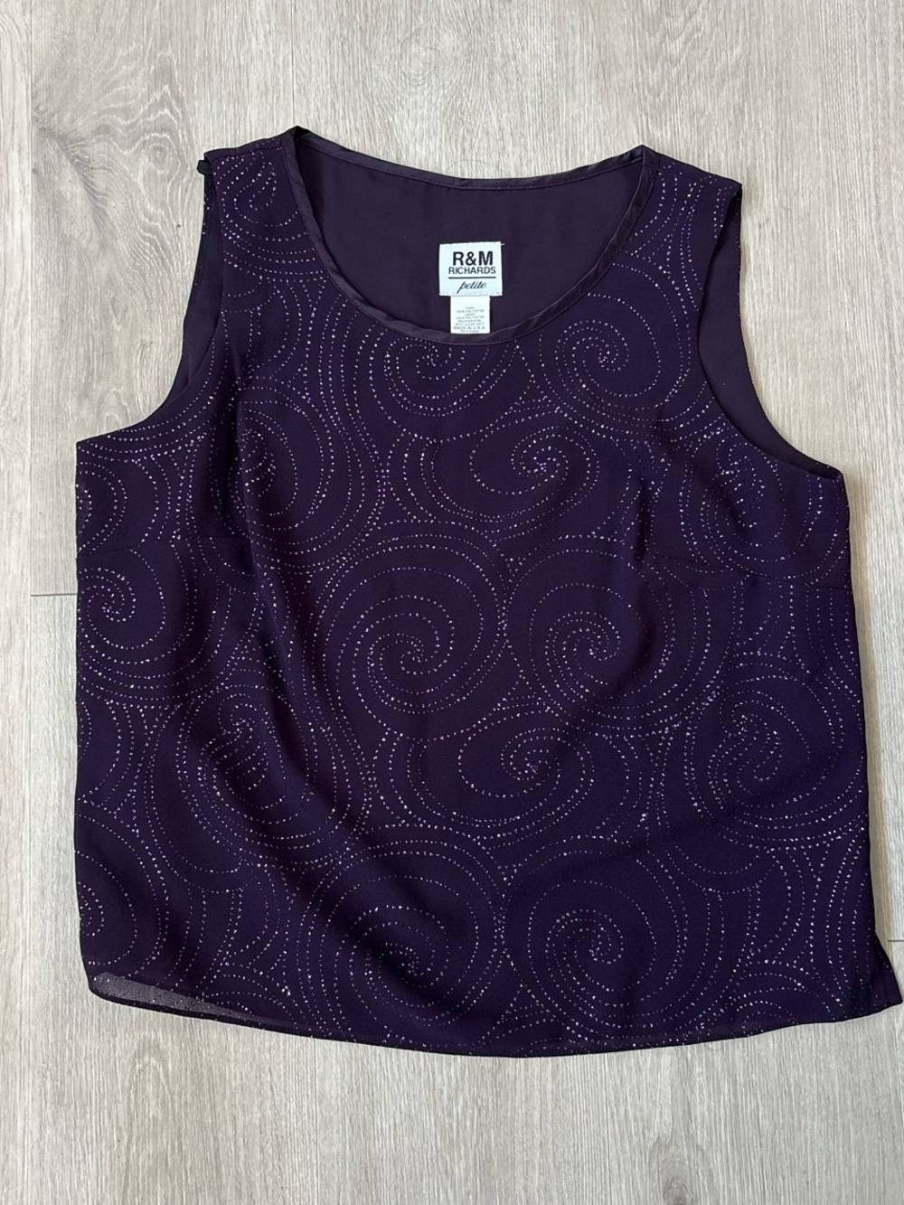 R&M Richards Petite Purple Shimmer Spiral Sleeveless Top Size 14P Elegant Dressy